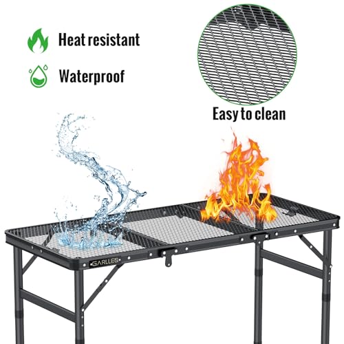 GARLLEN Folding Grill Table Max Capacity 66lbs, 3 Adjustable Height Portable Folding Camping Table with Heat-Resistant Mesh Tabletop, Aluminum Picnic Table for Outdoor, BBQ, Camping, 34.2"L x 15.7"W - color: Black, size: Tabletop Size: 34.2"l X 15.7"w