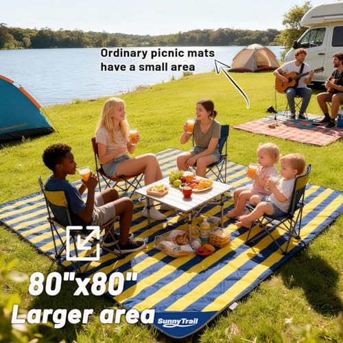 Picnic Blanket 80"x80" – Extra Large Waterproof Outdoor Blanket for Beach, Park, Grass, Lawn, Camping, Sandproof Mat, Foldable & Portable, Ideal Wedding Registry & Family Travel Accessory - color: Yellow & Blue Stripe