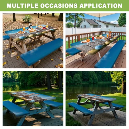 ANNA QUEEN Easter Outdoor Scene 6FT Picnic Table Cover with Bench Covers Set of 3 with Drawstring Bag, Bunny Fence Easter Eggs 72"x30" Waterproof Picnic Tablecloth & Bench Covers - color: #61