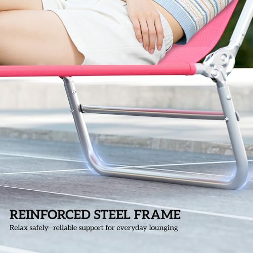 Outsunny Folding Chaise Lounge Chair, Pool Sun Tanning Chair, Outdoor Lounge Chair with Reclining Back, Breathable Mesh Seat, Headrest for Beach, Yard, Patio, Pink