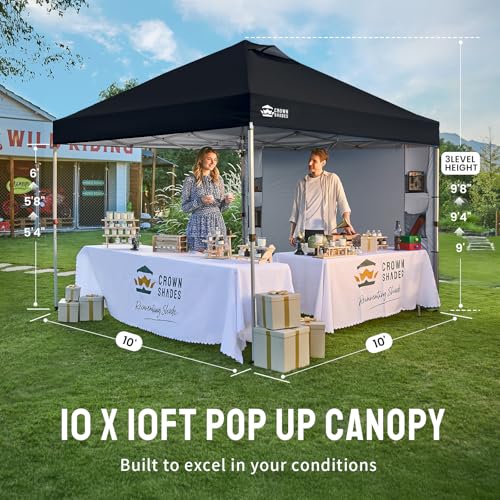 CROWN SHADES Canopy Tent, 10 x 10 Foot Portable Pop Up Outdoor Shelter with Pocket Sidewall, Push Center Lock, UV Protection, and Carry Bag, Black - color: Black