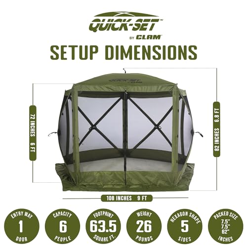 CLAM Quick-Set Pop Up Screen Tent, Venture, 9 x 9 ft, Instant Setup Green Portable Outdoor Gazebo Canopy Shelter, Compact Bug-Free Camping Tent for Backyard, Beach, Tailgating - Green - style: Green