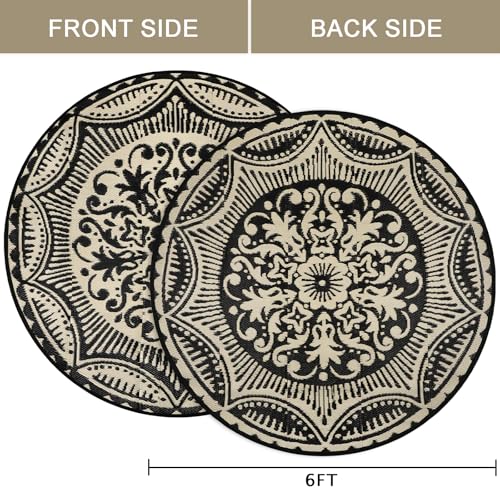 Capslpad 6x6 Floral Outdoor Rug for Patio Clearance Reversible Mat Round Portable Plastic Straw Carpet Waterproof Boho Outside Area Rug for RV Camping Picnic Tent Balcony Beach Deck, Black and Brown - color: Black&brown, size: 6' (Round)