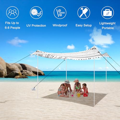 Beach Tent, Beach Canopy Sun Shade UPF 50+, Portable 10×10 FT Camping Sun Shelter with Sandbags, Poles, Ground Pegs and Anti-Wind Ropes Easy Setup for Outdoor, Backyard, Picnics, Fishing
