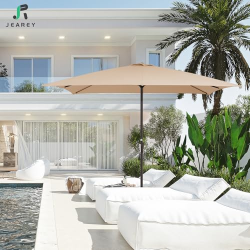 JEAREY 8x10 ft Rectangular Patio Umbrellas Outdoor Table Market Umbrella w/Crank, 8 Sturdy Ribs, UV Protection Windproof Sunproof for Garden, Deck, Backyard, Pool(Beige) - color: Beige, size: 8x10ft