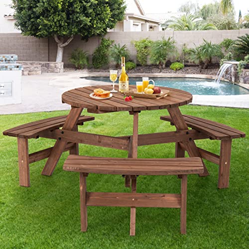 Giantex 6 Person Wooden Picnic Table Set with Wood Bench, with Umbrella Hold Design, Perfect for Outdoor Garden Yard Pub Beer Dining, Dark Brown - size: 67"L×67" W×27.5"