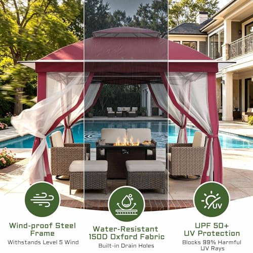 11'X11' Gazebo Pop Up with 4 Sidewalls Mosquito Netting, Heavy Duty Patio Gazebo Canopy Tent with Double Air Roofs for Backyards, Patios, Decks, Gardens, Parks - color: Pink Top