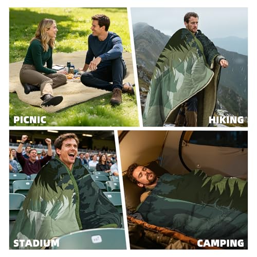 Outdoor Camping Blanket with Sherpa Lining, Extra Warm Thick Camp Blankets and Puffy Ultralight Soft Poncho DWR Camping Quilt for Cold Weather, Adventure, Sleeping, Backpacking 78"x 56" - color: Grass Green, size: 78 x 56 inches