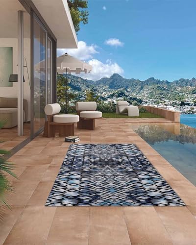 Large Outdoor Rug 4'x6' for Patio Indoor Outdoor Area Rug Boho Circle Line Texture Blue Rugs Outside Patio Rugs Camping Carpet Mat for Spring Picnic - color: Bohemianhoe2205, size: 4' x 6' (Rectangular)