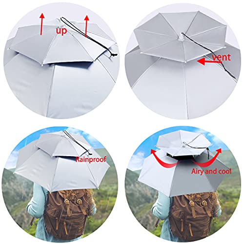 Umbrella Hat, 37 inch Fishing Umbrella Hat Hands Free Foldable UV Protection Umbrella Cap Adjustable Headwear for Fishing Golf Camping Beach Gardening Sunshade Outdoor - color: Silver/Double Layer