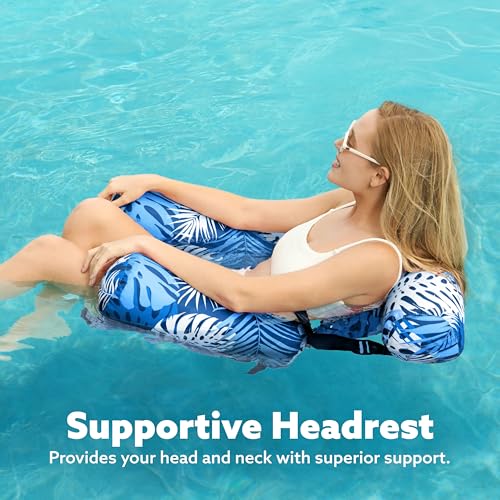 SLOOSH Inflatable Pool Floats Adult,2 Packs Floating Lounge Chairs,Blow up Pool Noodles for Adult Heavy Duty,Floating Chair for Party Summer Water Beach Lake Fun - style: Tropical Leaves-Green,Blue