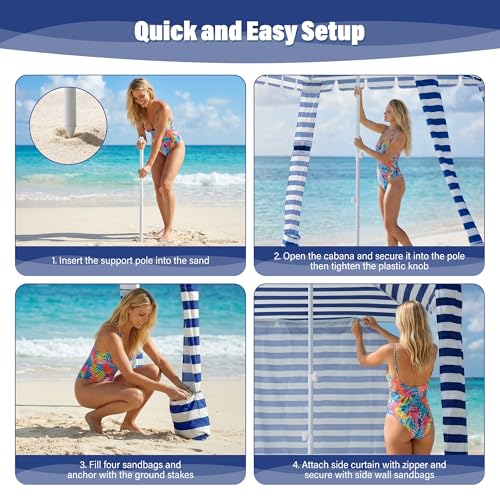 Umineux Beach Cabana - 8FT Beach Canopy with Side Wall, Easy Setup Beach Tent Sun Shelter, Waterproof Tent - Portable Shade for Whole Family (Navy Stripes) - color: Navy Stripes, size: 8ft