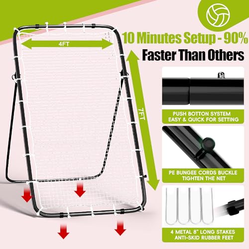 Volleyball Rebounder Net 7x4 Ft, 5-Angle Adjustable Rebounder Net for Practicing Digging, Setting, Spiking, Bounce Back Training Equipment with 2 Target Stripes & Portable Travel Bag for Storage - color: NET102-White Black