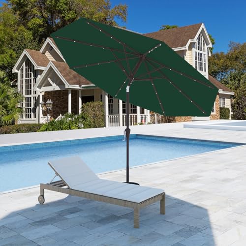9FT Patio Umbrella with Solar Lights,Outdoor Market Umbrella with Tilt and Crank, LED Lighted Table Umbrella for Garden,Deck,Backyard,Pool,Beach (Dark Green) - color: Dark Green