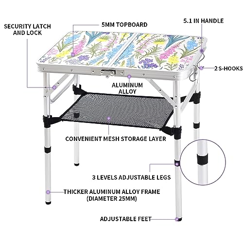 Yriuat Folding Camping Table 2ft Portable Pinic Table Adjustable Height Small Card Table Aluminum Foldable Lightweight with Carry Handle for Outdoor Indoor Hiking Camp BBQ Beach (Blooming Floral) - color: Blooming Floral, size: 24"l X 16"w X 24"h