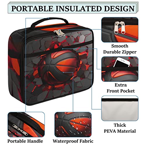 Kids Lunch Box for Boys Girls Black Red Sport Basketball Insulated Lunch Bag Reusable Small Cooler Bag Meal Containers Tote Kit for School Travel Women Men - color: red black basketball