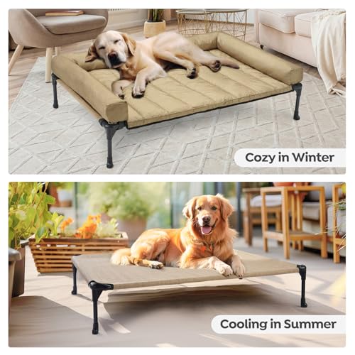 Veehoo Cooling Elevated Dog Bed Add Removable Waterproof Bolster Cushion Mat, Raised Pet Cot with Breathable Teslin Mesh, No-Slip Feet, Dog Couch Bed for Indoor Outdoor, 42x30inches, Beige, CWC2331B - color: Beige Coffee, size: 42.0"l X 30.0"w X 7.0"th