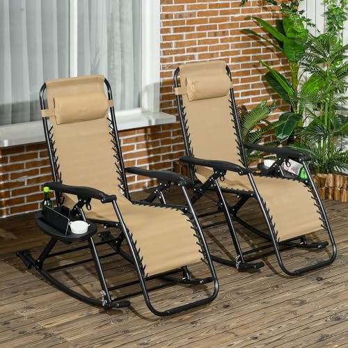Outsunny Set of 2 Outdoor Rocking Chairs, Foldable Reclining Zero Gravity Lounge Rocker with Pillow, Cup & Phone Holder, Combo Design with Folding Legs, Beige - color: Beige, size: 2 Packs