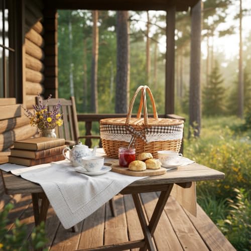 Wicker Picnic Basket with Lid and Handle Sturdy Woven Body with Washable Lining,Coffee Grids - color: Coffee Grids