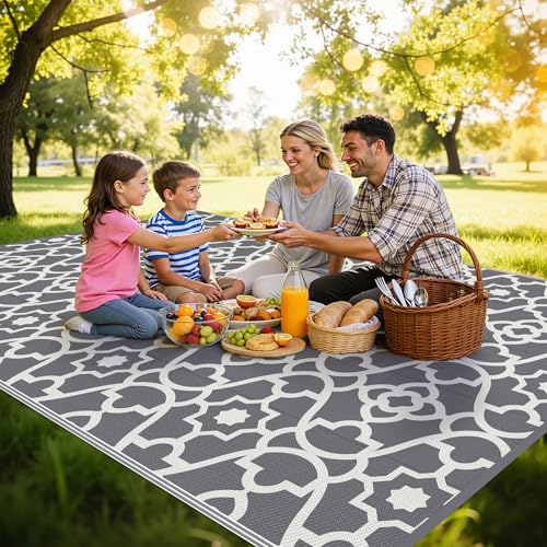 HEBE Outdoor Rug Waterproof 8x10, Plastic Straw Rug Camping Rug, Reversible Outdoor Patio Rugs RV Mat Clearance, Indoor Outside Floor Carpet for Porch,Deck,Camper,Balcony,Backyard - color: Grey, size: 8' x 10' (Rectangular)