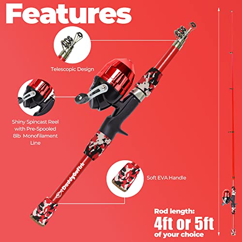 DaddyGoFish Kids Fishing Pole - Rod Reel Combo Tackle Box Starter Set - First Year Small Dock Gear Kit for Boys Girls Toddler Youth Age Beginner Little Children Junior Anglers - color: Red (Complete Set), size: 5ft