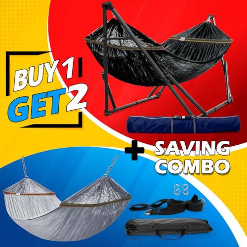 Tranquillo Combo x2 Hammocks with Stand for Outside & Tree Straps, Heavy Duty Hammock with Stand 600lbs for Indoor Outdoor Patio Backyard, x2 Hammocks for 2 Person (Combo - Black, Medium) - color: Combo - Black