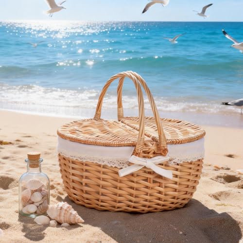 Hap Tim Large Size Wicker Picnic Basket with Lid - 40-Quart Capacity, 18.5 inches Length, 14.56 inches Width, 8.66 inches - style: Extra large size, white cloth