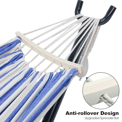 GAFETE Double Hammock with Stand for Outside, Upgraded Spreader Bar, Heavy Duty Space Saving Steel Stand 2 Person, Convenient Pockets, 600lbs Weight Capacity, Indoor & Outdoor (Blue & White) - color: Blue & White