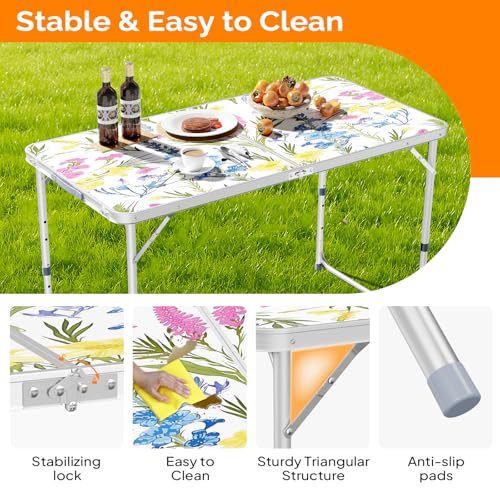VINGLI 4FT White Folding Table with Carrying Handle Height Adjustable Lightweight Fold Up Portable for Indoor Outdoor Picnic,Camping,Hiking,Fishing,BBQ … - color: Flower, size: 4ft