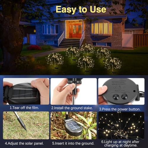 Lewondr Firework Solar Garden Lights 4 Pack, 120 LED Solar Firework Lights with 8 Lighting Modes, Waterproof Sparkler Starburst Solar Lights Outdoor for Yard Porch Patio Backyard, Warm - size: 4 Pack, style: Firework Warm White Light