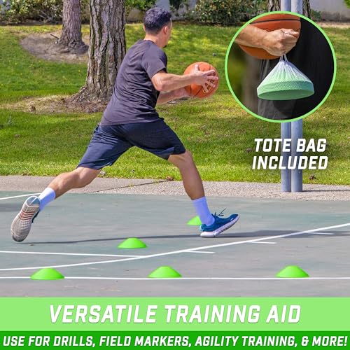 GoSports Premium Sports Cones for Agility Training and Drills - 20 Pack with Tote - Orange, Green, Pink, Yellow, or Red - color: Green