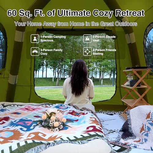 KNUO Inflatable Camping Tent, Large Blow-Up Air Tent, No Assembly Needed Luxury Glamping House, Oxford Fabric - color: Field Green-Dual-layer Doors, size: 7.8x7.8ft