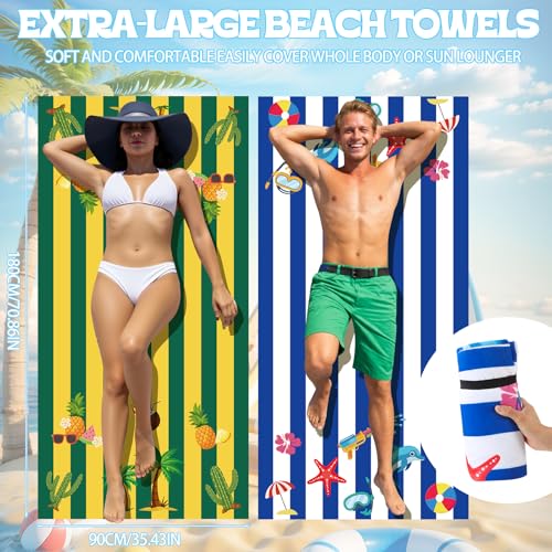 Beach Towels Set 2 Pack Oversized Microfiber Sand Free Quick Dry Towel Dolphin Starfish Coconut Tree Pineapple Print Large Lightweight Travel Pool Swim Yoga Camping Bath Blanket for Adults - color: Blue White, Yellow Green