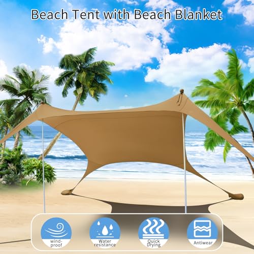7×7 FT Beach Tent Sun Shelter UPF50+ UV Protection, Outdoor Canopy Tent Sun Shade with 2 Poles for Camping, Beach, Fishing, Backyard and Picnics Khaki - color: Khaki