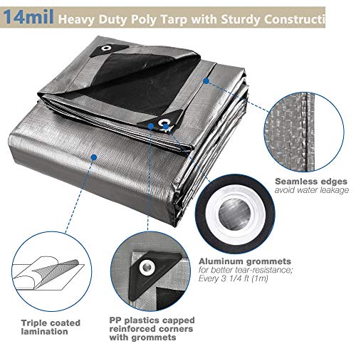 Yescom 12x24FT 14-Mil Plastic Tarp Waterproof Heavy Duty Tarpaulin with Eyelets Reversible Tear Resistant Shade Canopy Boat Pickup Truck Bed Cover - color: 14mil-1pc-silver, size: 12X24 Ft