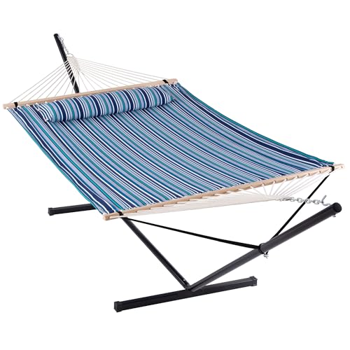 ANOW Double Hammock with Stand 12FT, Heavy Duty Hammock with Stand for Outdoors, 450 LBS Weight Capacity, Blue Stripes - color: Blue Stripes, size: 2 Person With Stand
