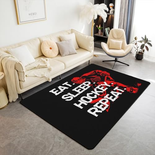 Hockey Area Rug 5x7 for Kids Boys Teens,Black Red Grey Eat Sleep Hockey Carpet,Ice Hockey Player Indoor Floor Mat Bedroom Decor,Graffiti Winter Sports Game Area Runner Rug - color: Color 22, size: 4'11" x 6'6" (Rectangular)