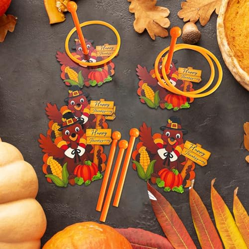 8 PACK Thanksgiving Turkey Ring Toss Game Include 8 Wooden Turkey Target Stands with 8 Plastic Rings Happy Thanksgiving Turkey Toss Game for Girl Boy Adults Fall Family School Party Supplies