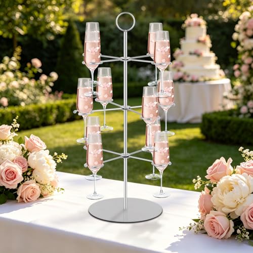 QPIX DIGITAL Cocktail Tree Stand, Metal Drink Tower, 3 Tier - 12 Holders For Champagne, Cocktails,Martini, Margarita Cups at Weddings, Bridal Shower, Mimosa Bar Parties & Events (Silver) - color: Silver, size: 24"x 13"-12 Holders