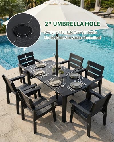 7-Piece Outdoor Dining Set, All-Weather HIPS Patio Table & Chairs for 6, Outdoor Furniture with Umbrella Hole, Ideal for Garden, Poolside, Backyard, Deck, Black - color: Black, size: 7 Pcs (1t+6c)