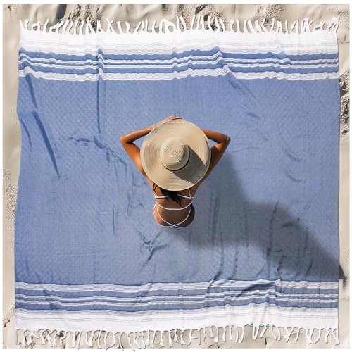 Vikumond Oversized Turkish Beach Towel Blanket XXL Cotton Sandproof Towels Boho Woven Extra Large Big Sand Free Giant Throw Blankets Huge Quilt XL Picnic Camping Necessities Cloud for Adult Gifts - color: Z Blue Mtb, size: XXXL(88x82 IN,224x208 CM)