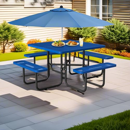 46" Square Metal Picnic Tables for Outdoors with Umbrella Hole - Coated Steel Heavy Duty Commercial Grade Table with Seats, Patio Furniture Set for a Lifetime, Blue - color: Blue-square