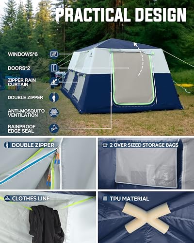 CORANI 14.1'x6.5'x9' Inflatable Tents for Camping, Portable 6/8/10 Person Blow Up Air Tent, Waterproof Windproof Easy Setup Large Family Tent with 2 Doors, 6 Windows, Mosquito Screen - color: Navy Blue, size: 8 person 10.8x9ft