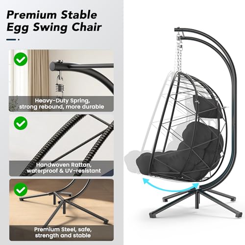 Easyego 2-Person Wicker Hanging Egg Chair with Stand- 700 lb Capacity, Indoor/Outdoor Double Egg Swing Hammock Chair for Patio, Garden, Porch, Living Room, Bedroom-Dark Grey - color: Grey, size: 1 pack
