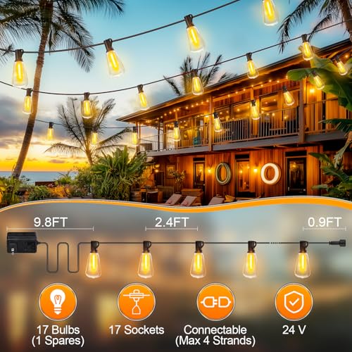 MGVIH Outdoor String Led Patio Lights - 50Ft 15M Outside Waterproof Light ST38 Shatterproof Bulb Connectable Hanging Outdoor Electric Lighting for Backyard Yard Gazebo Porch Party - size: 50 FT