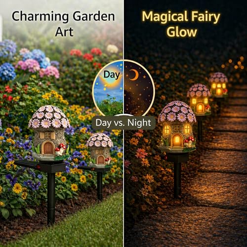Solar Pink Floral Cottage Lights Outdoor, 2 Pack Waterproof Fairy Garden Pathway Lights, Hand-Painted Resin Flower House Decor for Yard Lawn Patio, Gift for Garden Lovers - style: Pink Floral Fairy Cottage