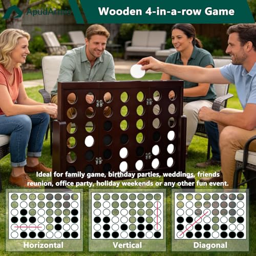 ApudArmis Wooden 4 in a Row Game, Classic Wooden 4-to-Score Game Set with Coins & Carrying Bag-Indoor Outdoor Games for Adults Family