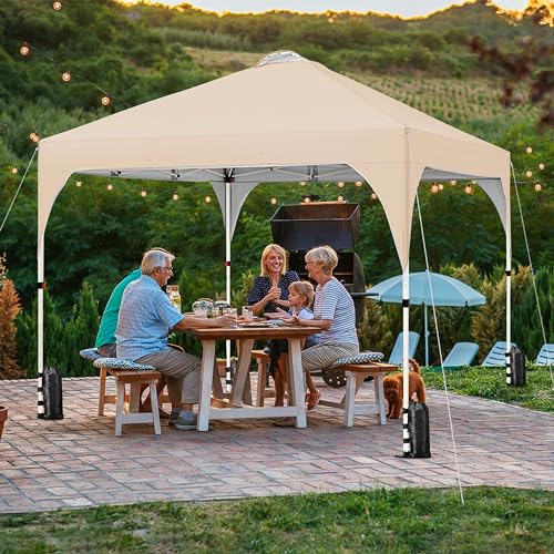 Yaheetech 10x10 Pop Up Canopy Tent with Vent, Easy Set Up Tent, Instant Sun Shelter Canopy with Wheeled Bag, 4 Sandbags, 12 Stakes & 4 Ropes, for Parties, Beach, Outdoor, Beige - color: Beige, size: 10x10