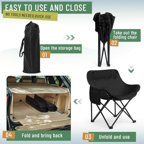 2 Pack Compact Camping Chairs Portable Folding for Outside with Carry Bag Lightweight Moon Chairs for Travel Picnic Hiking Beach Fishing, 600D Oxford, Supports 330lbs(White, Black) - color: White, Black