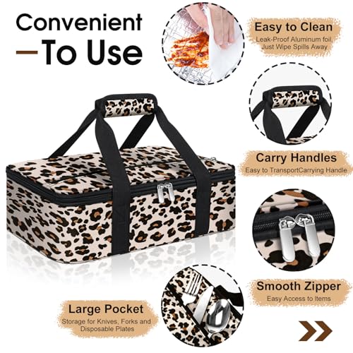 Insulated Casserole Carrier, Portable Casserole Carrier for Hot or Cold Food Lunch Tote Warmer or Cooler Bag, Lasagna Lunch Bag for Potluck Parties- Fits 9" x 13" Baking Dish-Leopard - color: Leopard, size: 16x10x4 in